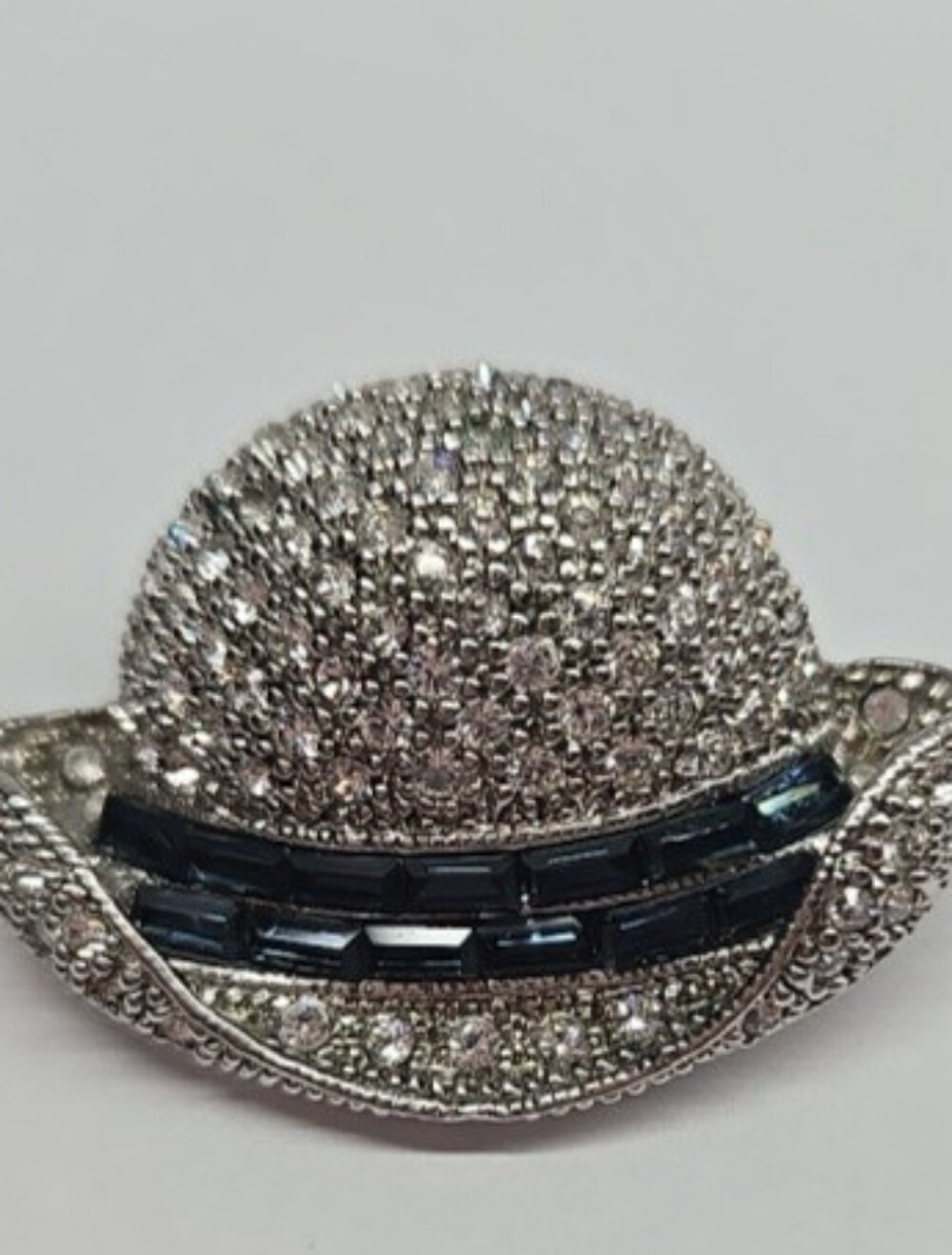 Vintage Rhinestone Bowler Hat Brooch with Blue Accents